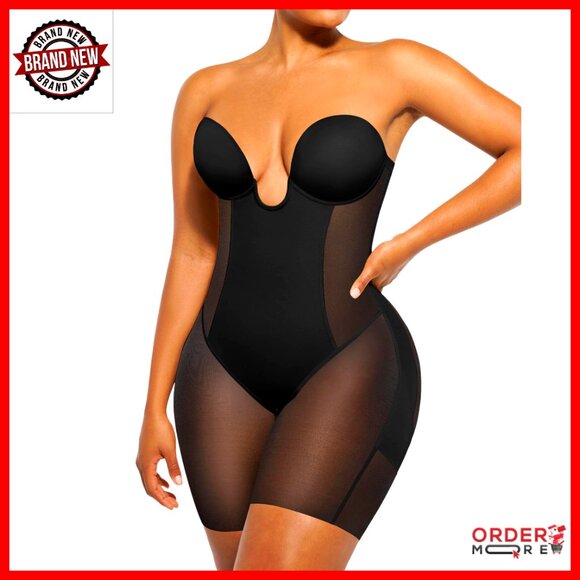 Strapless Shapewear Bodysuit Plunge Backless Tummy Control Mid Thigh Full Body